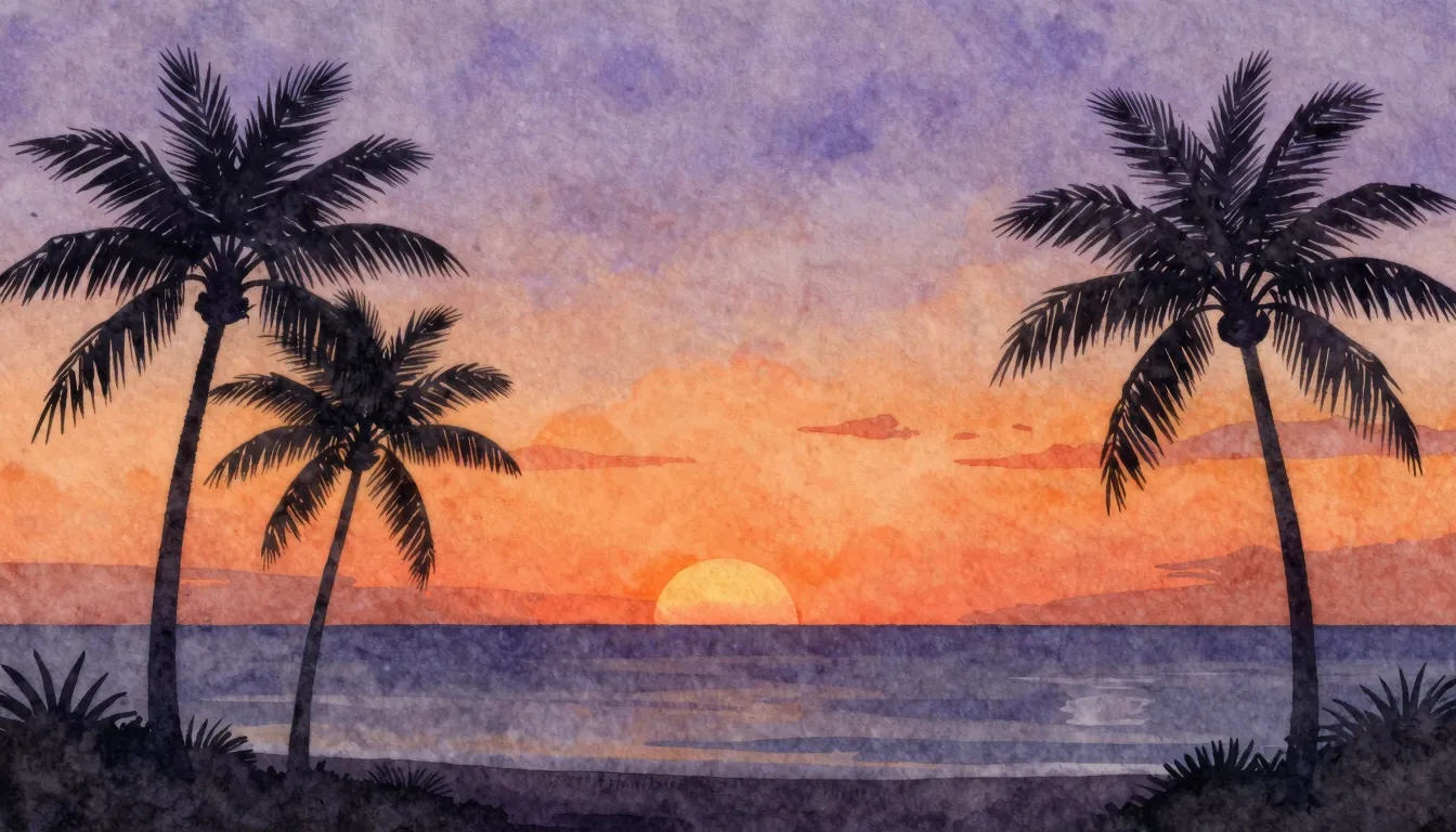 Watercolor style. A vibrant sunset over a calm ocean, silhou...