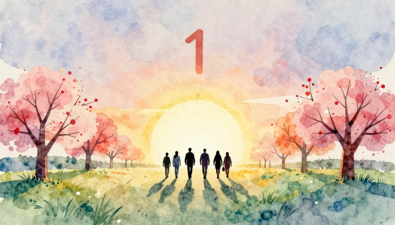 Watercolor style. Silhouette of a group walking towards a br...