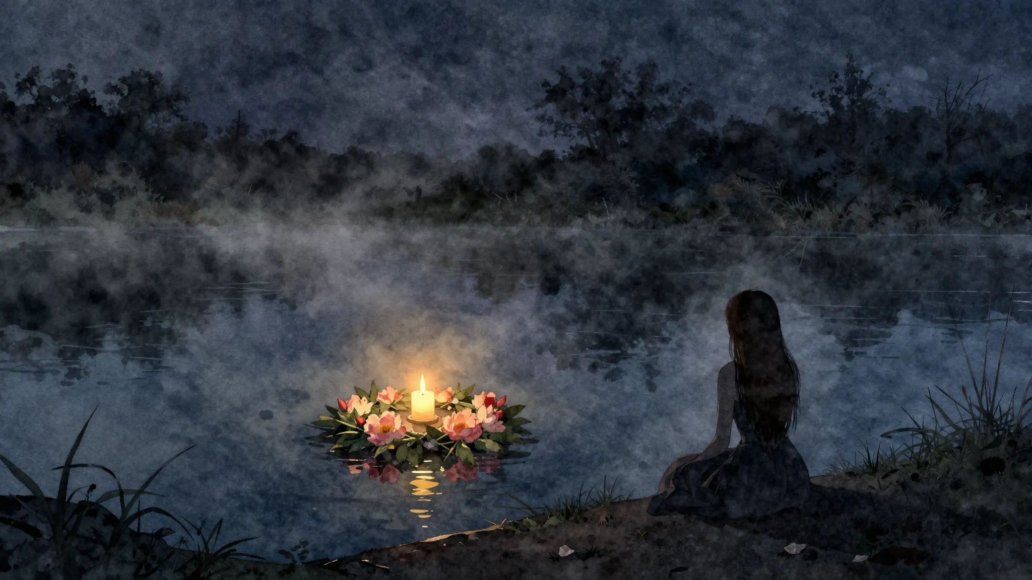 Watercolor style. Night river landscape, glowing candle on a...