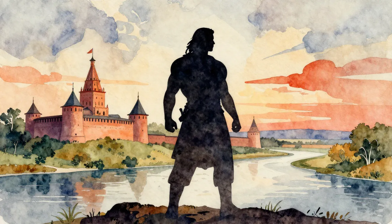 Vibrant watercolor style. Folk song album cover: A silhouett...