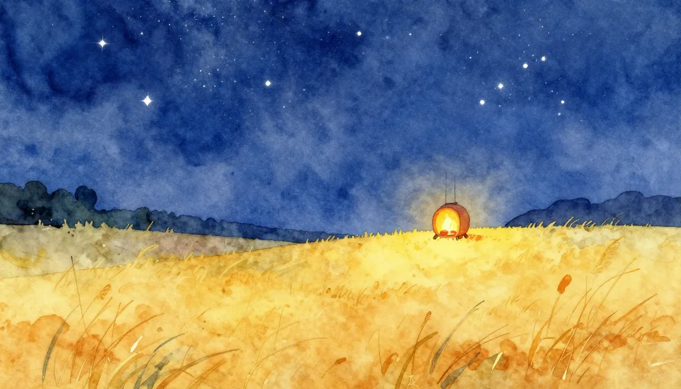 Watercolor style. A golden field under a starry night sky, a...