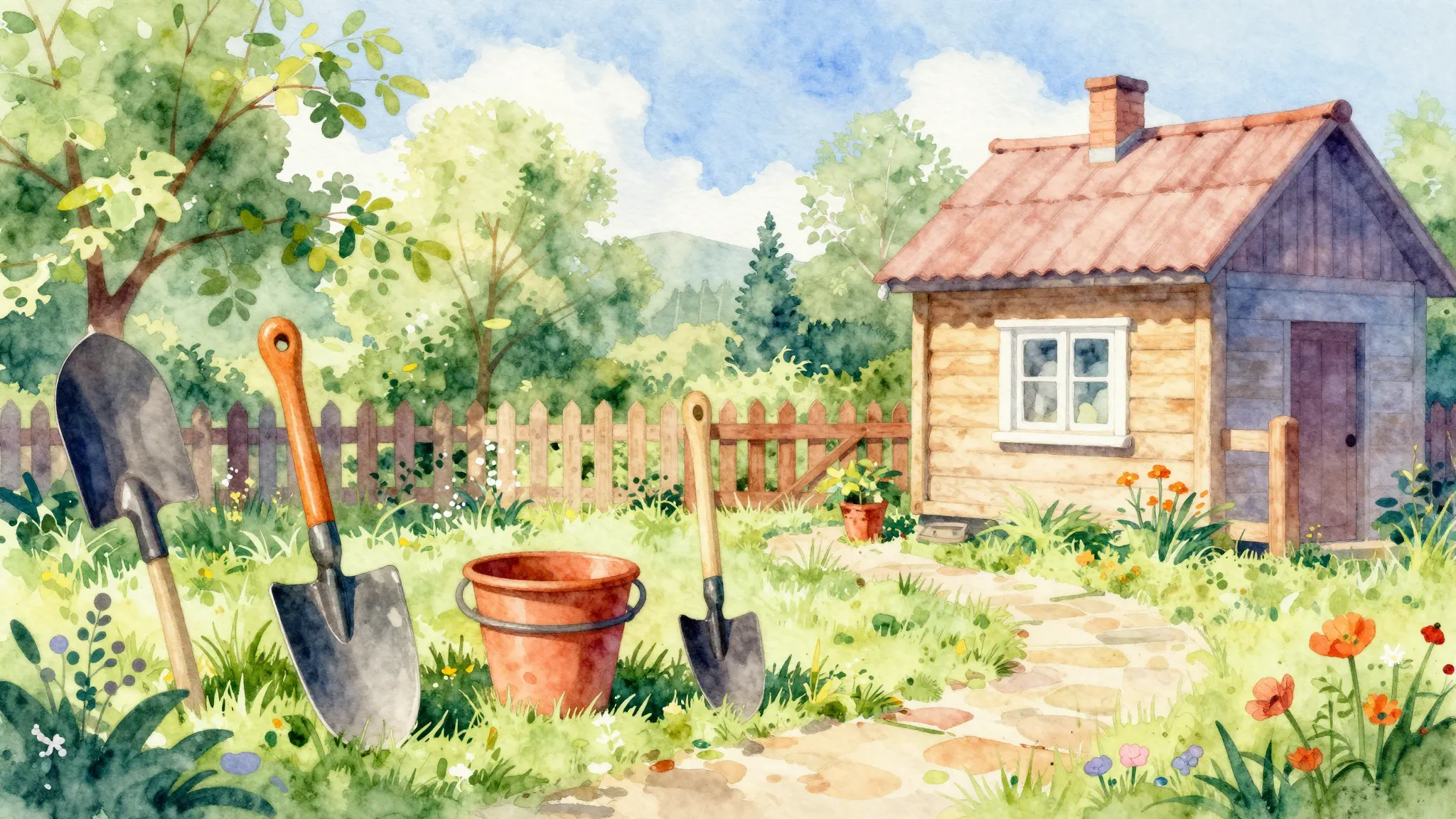 Vibrant watercolor style. Vibrant, joyful garden tools, a su...