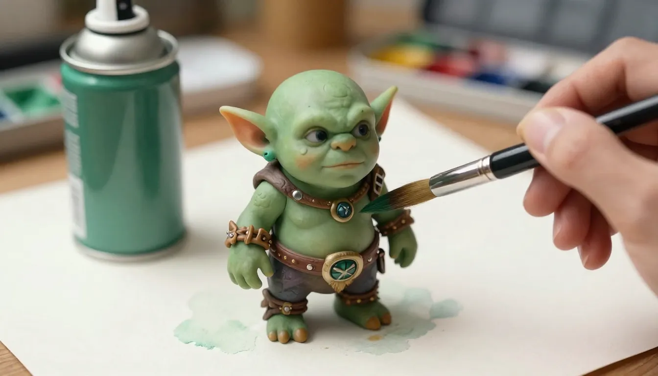 Watercolor style. A close-up of a small fantasy orc figurine...