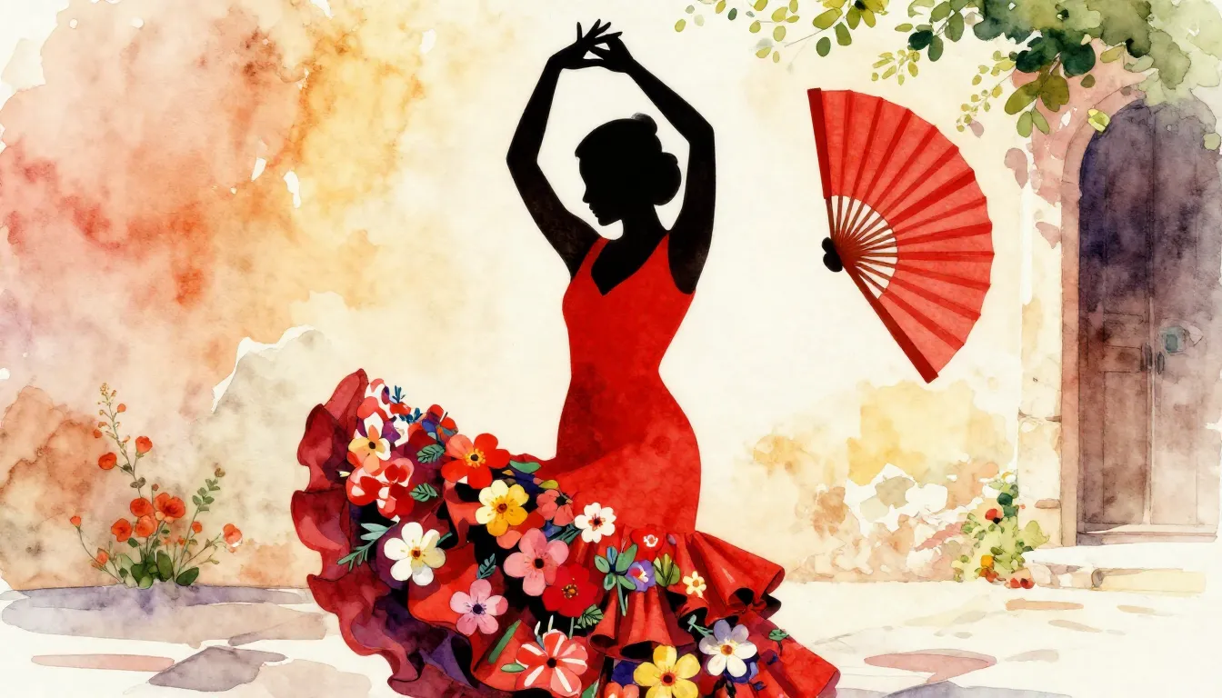 Watercolor style. Stylized silhouette of a flamenco dancer i...