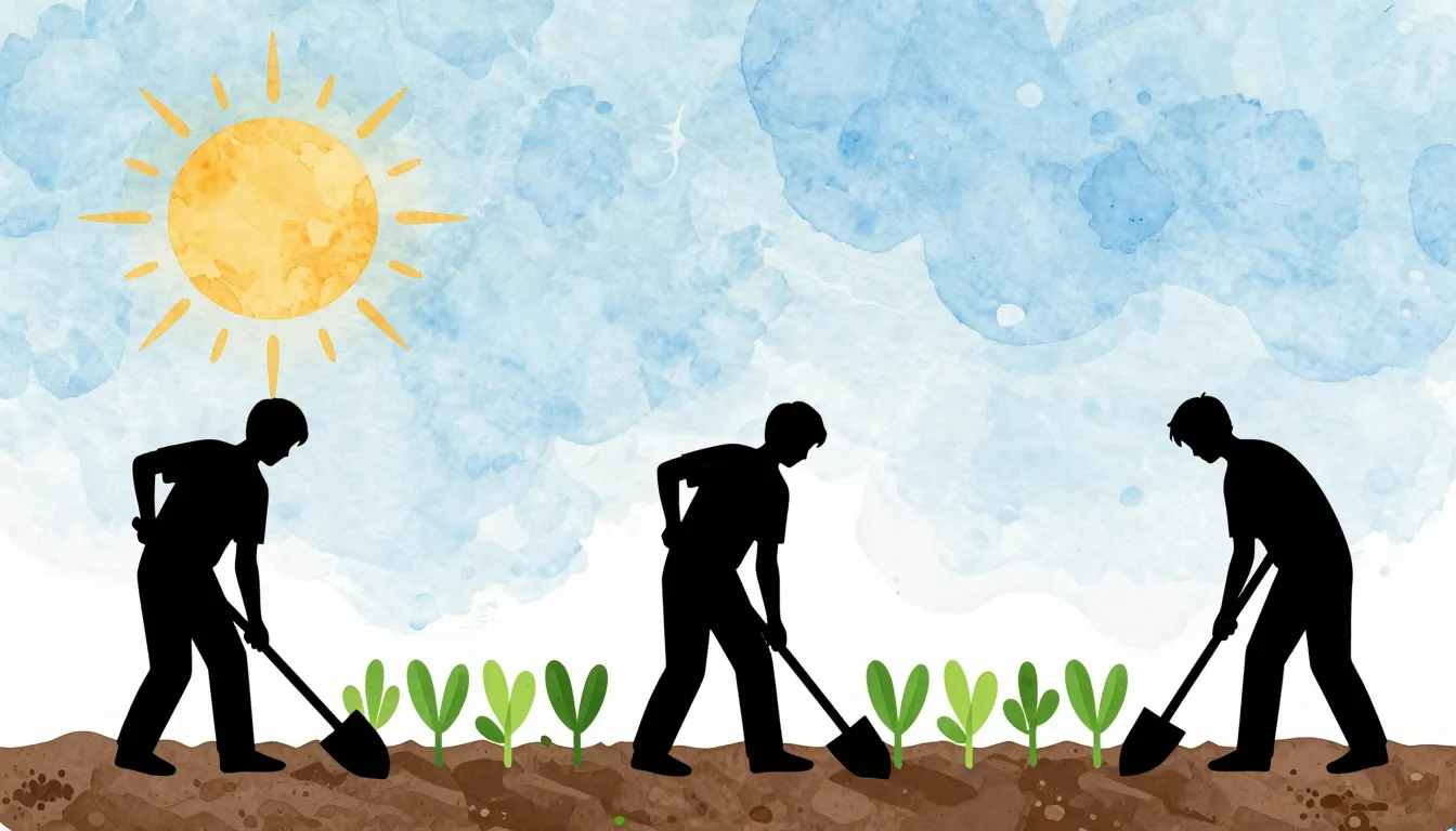Watercolor style. Silhouettes of people working in a garden ...