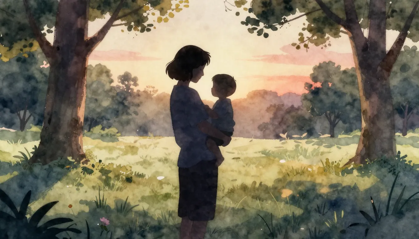 Watercolor style. A silhouette of a mother holding a small c...