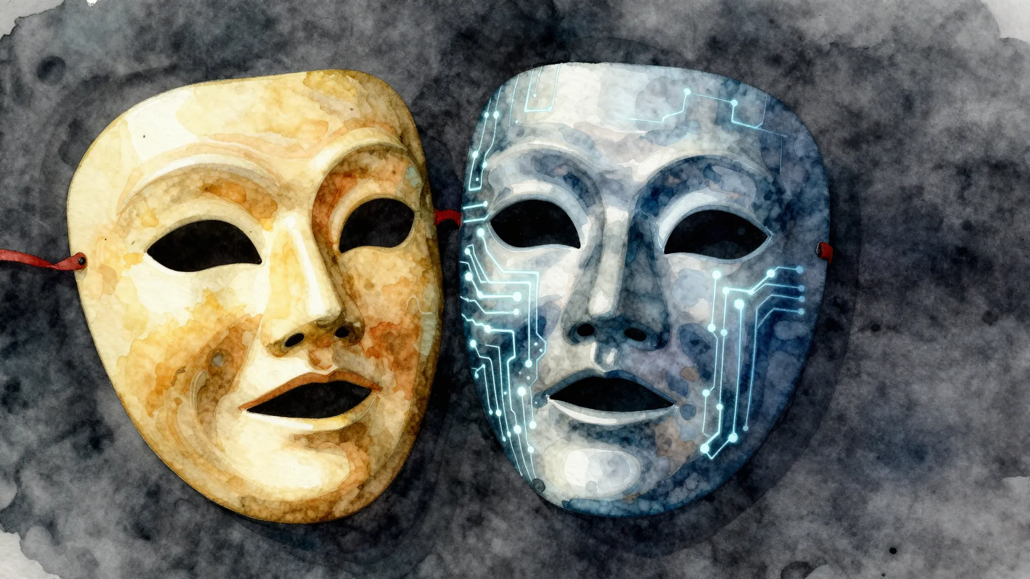 Watercolor style. A stylized, anonymous mask split in two. O...
