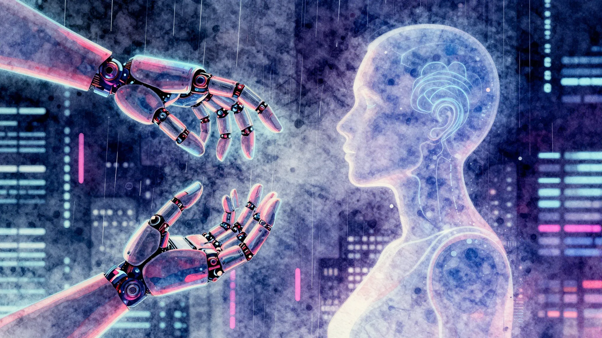 Vibrant watercolor style. Cyberpunk album cover, neon glow, ...
