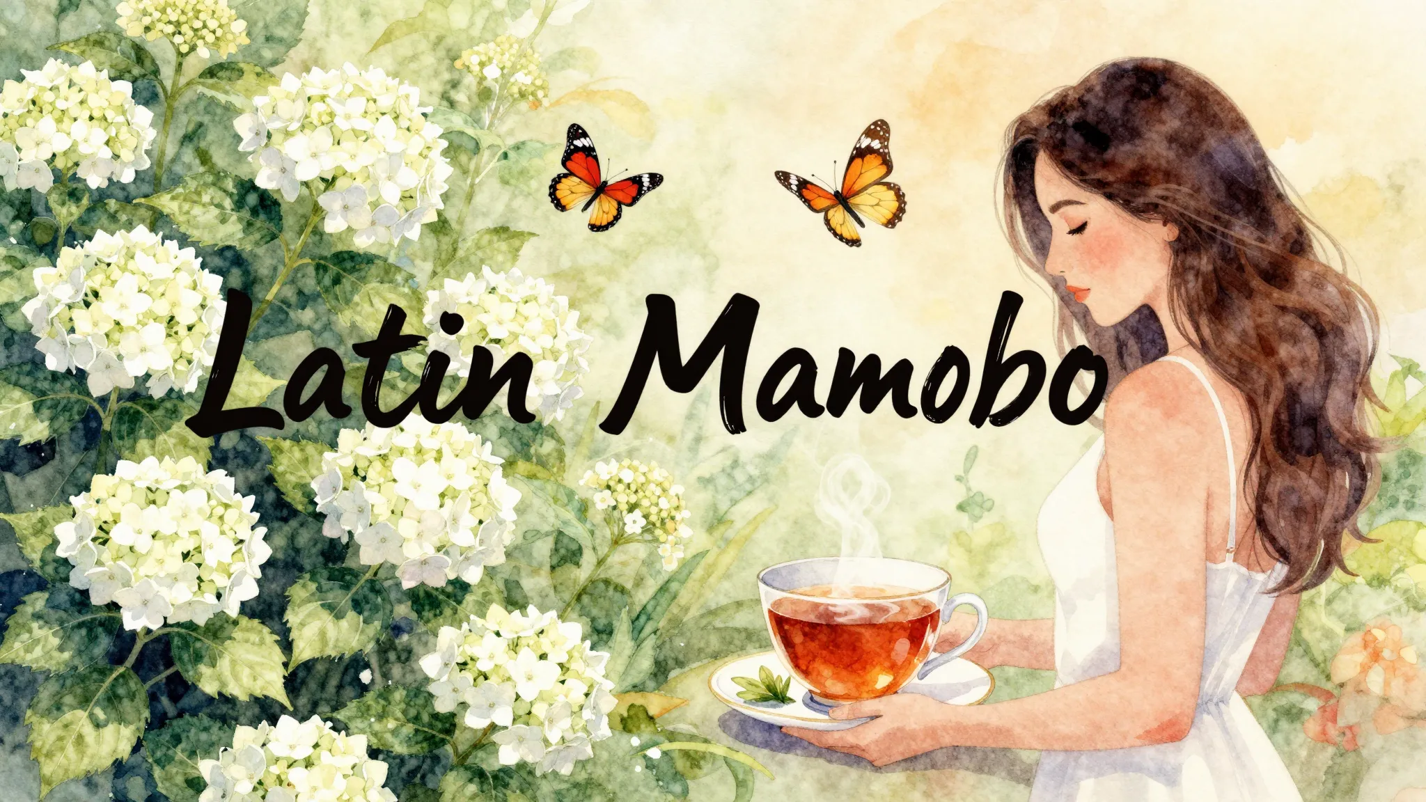 Vibrant watercolor style. Latin Mambo album cover, white hyd...