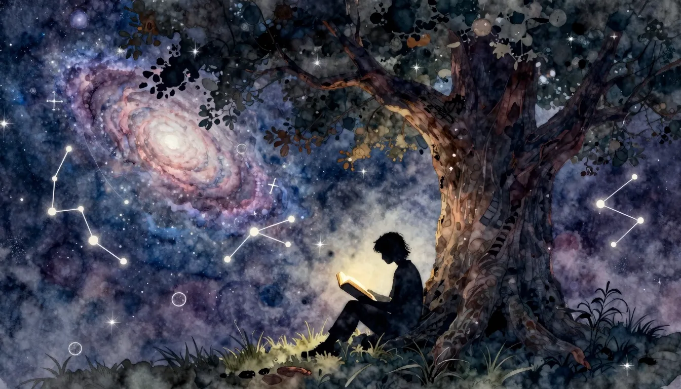 Watercolor style. A silhouette of a person sitting under a l...