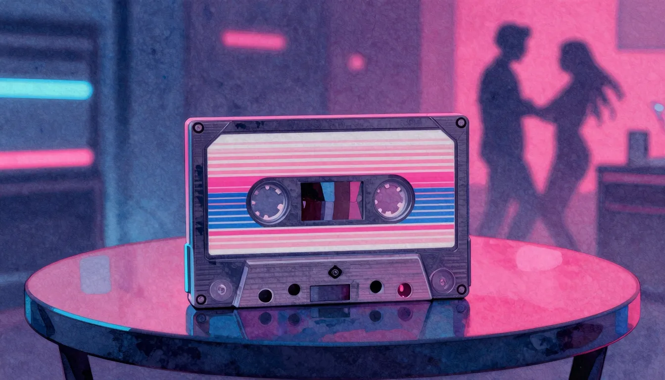 Watercolor style. 90s retro cassette tape on a neon lit tabl...