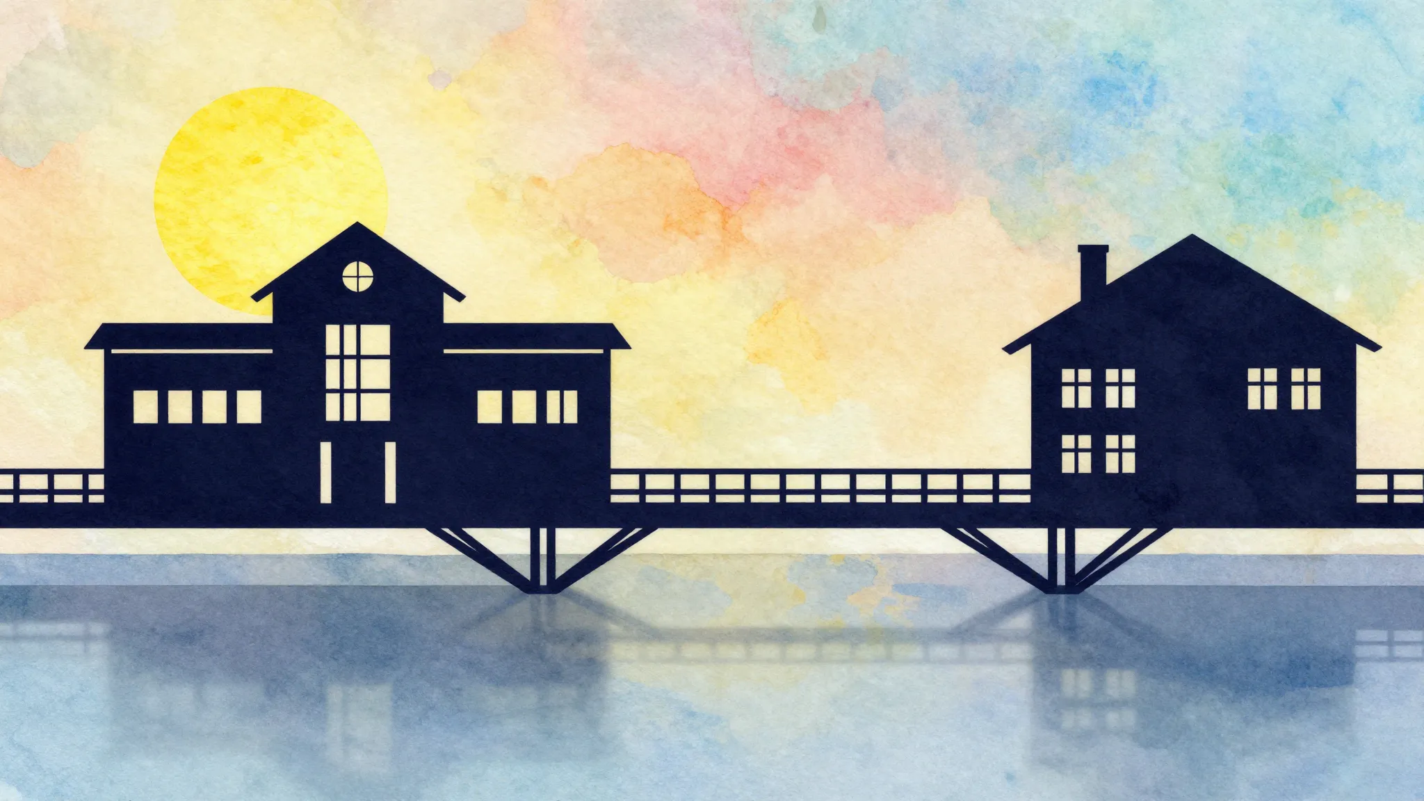 Watercolor style. A stylized bridge connecting a school buil...