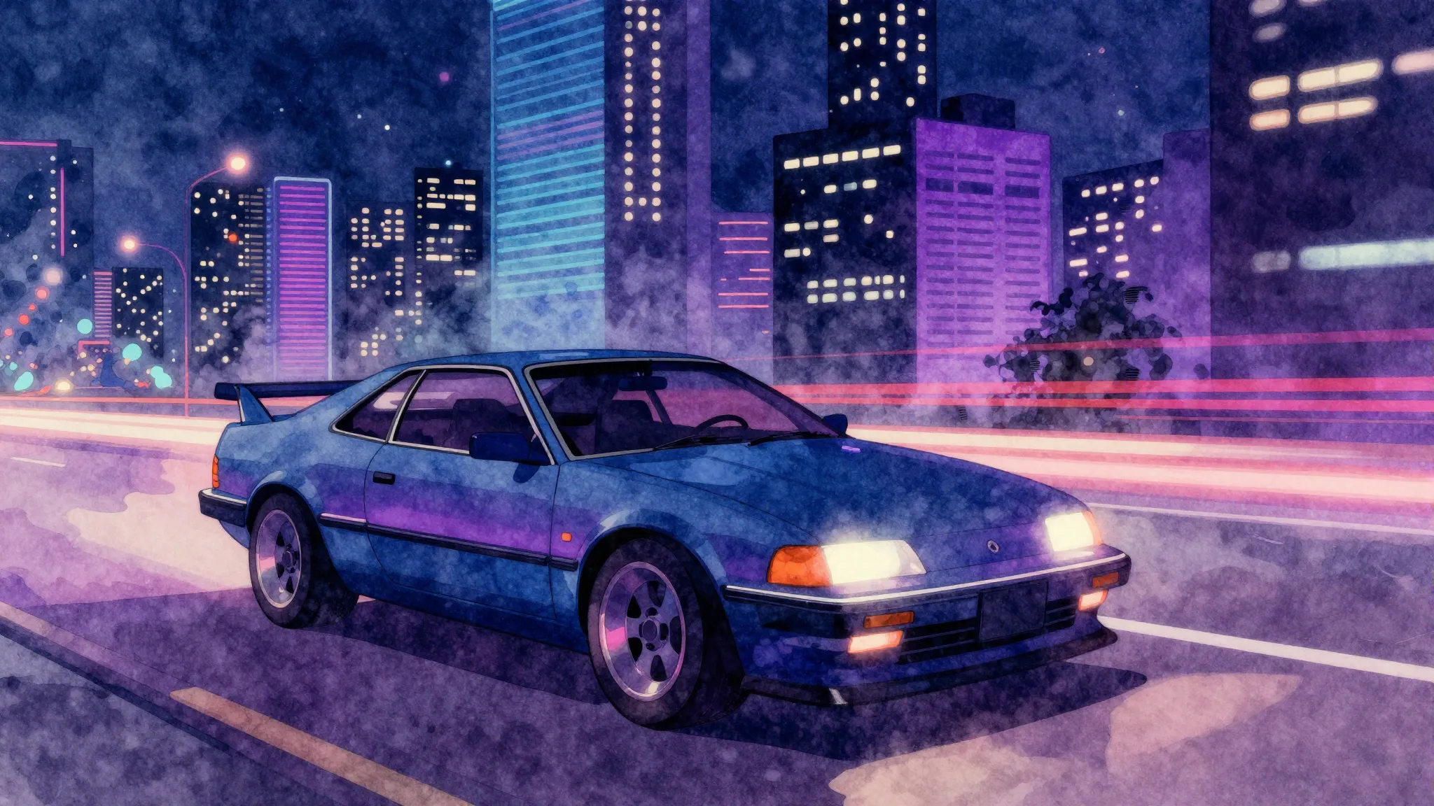 Vibrant watercolor style. Synthwave album cover, dark neon c...