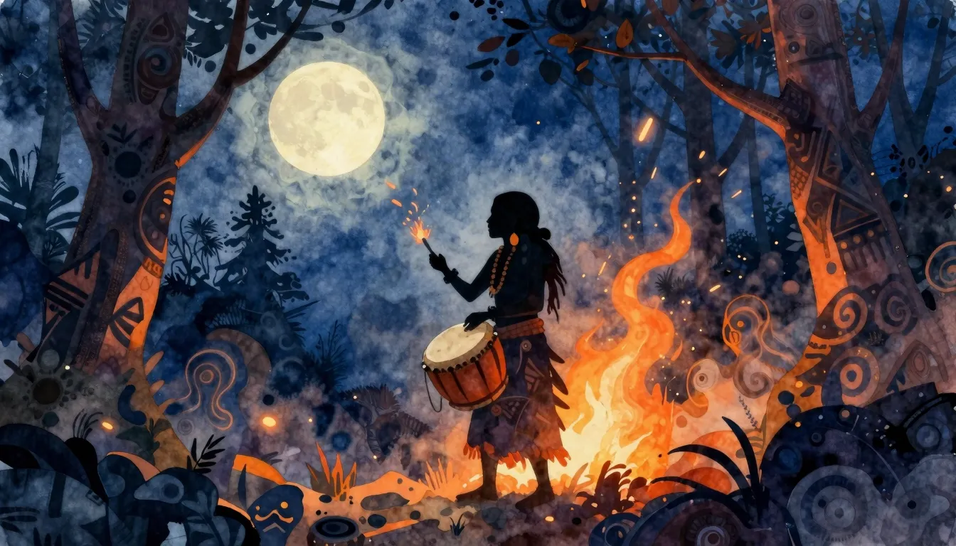 Vibrant watercolor style. A mystical forest at night, glowin...