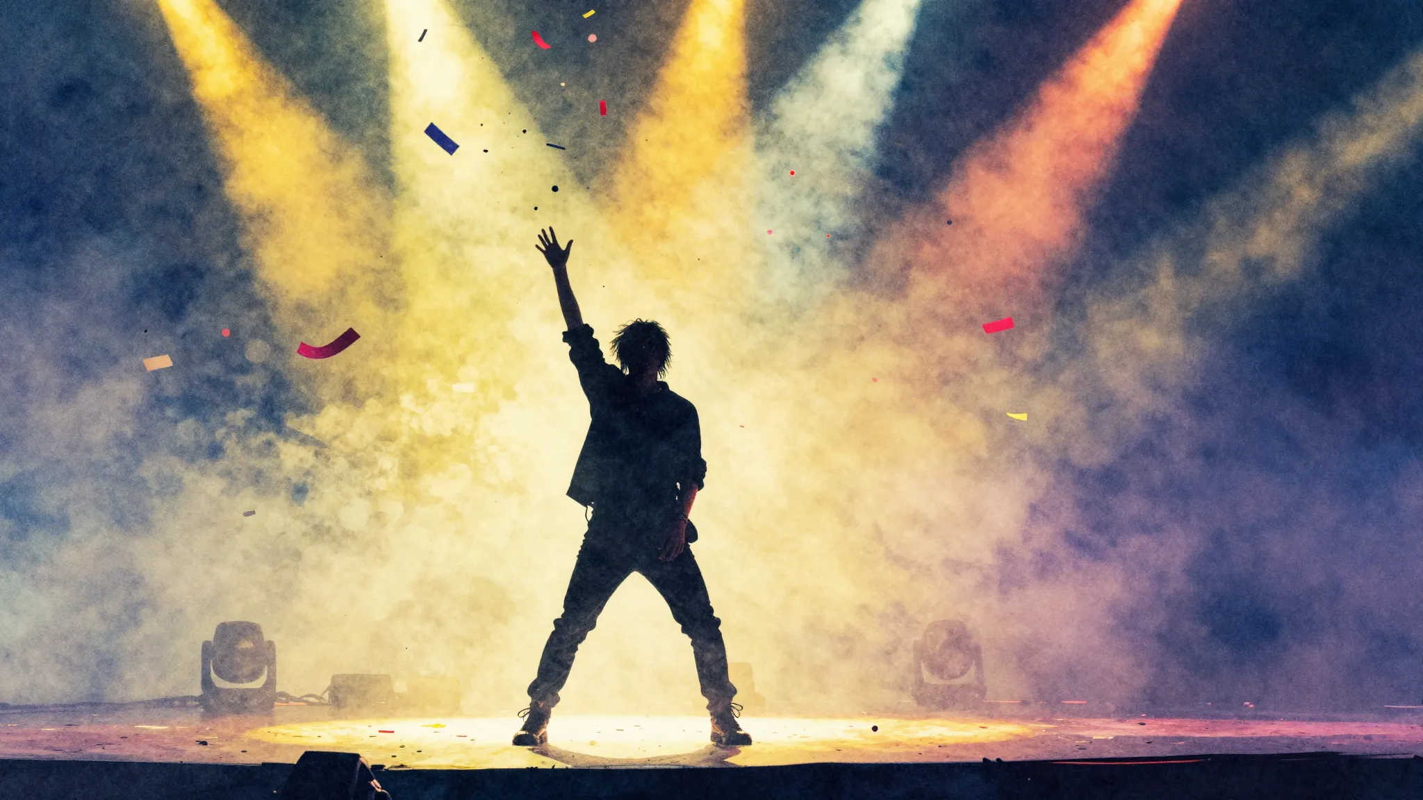 Watercolor style. A dark silhouette of a person performing o...