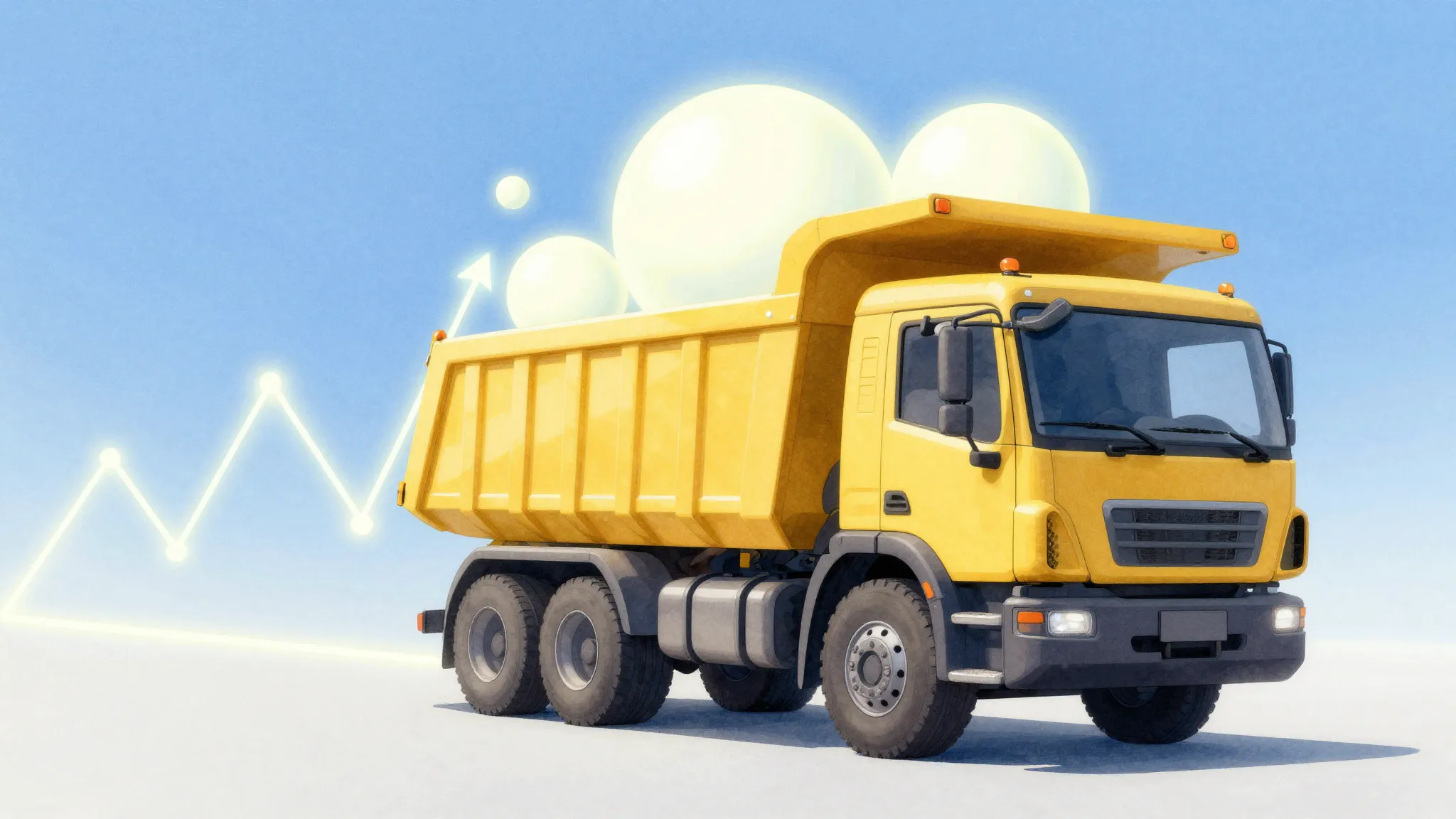 Watercolor style. A stylized heavy yellow dump truck driving...