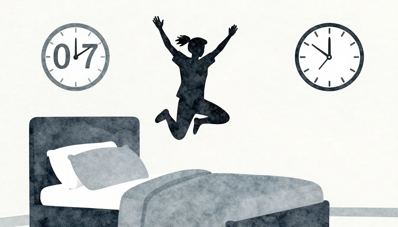 Watercolor style. Silhouette of a person jumping on a bed, c...