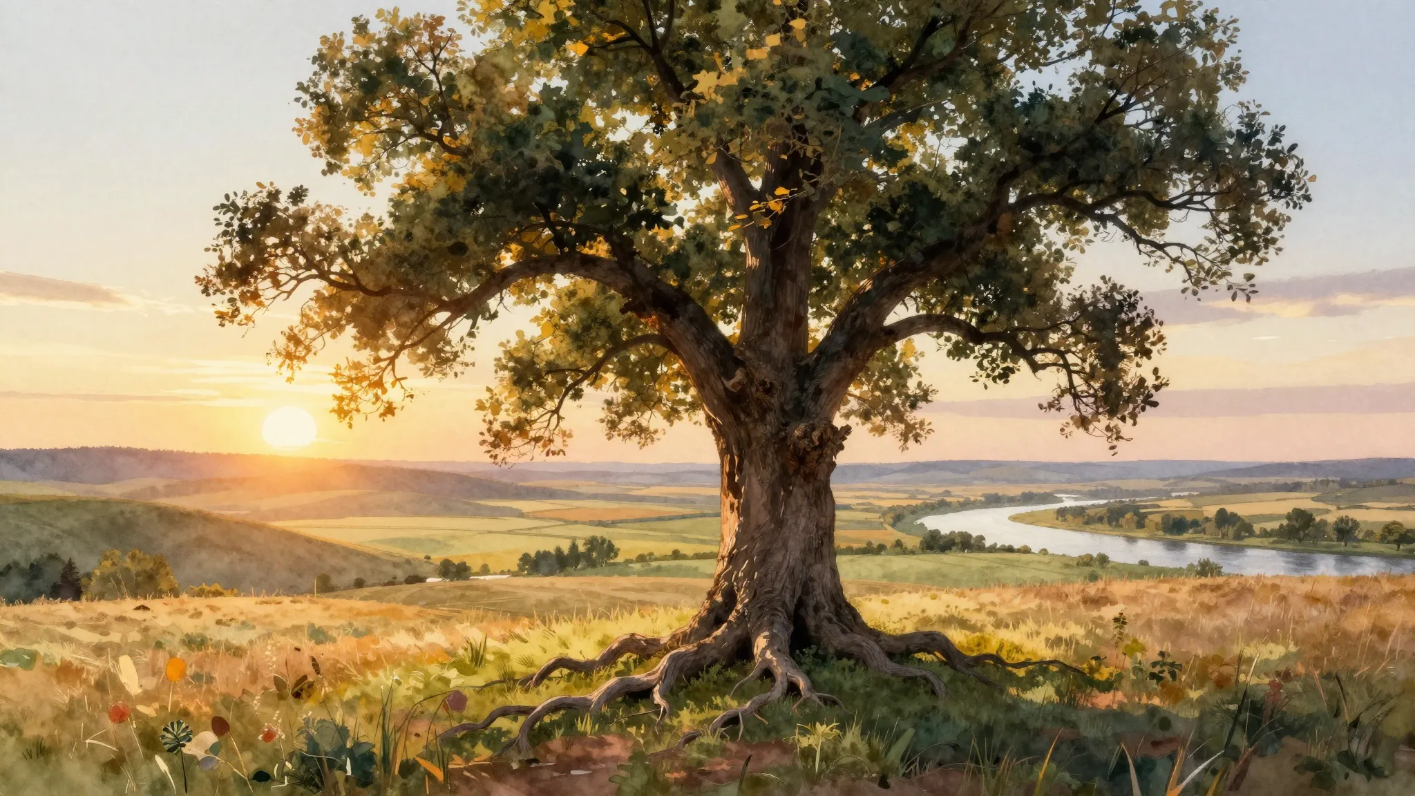 Vibrant watercolor style. Epic orchestral folk song cover: m...