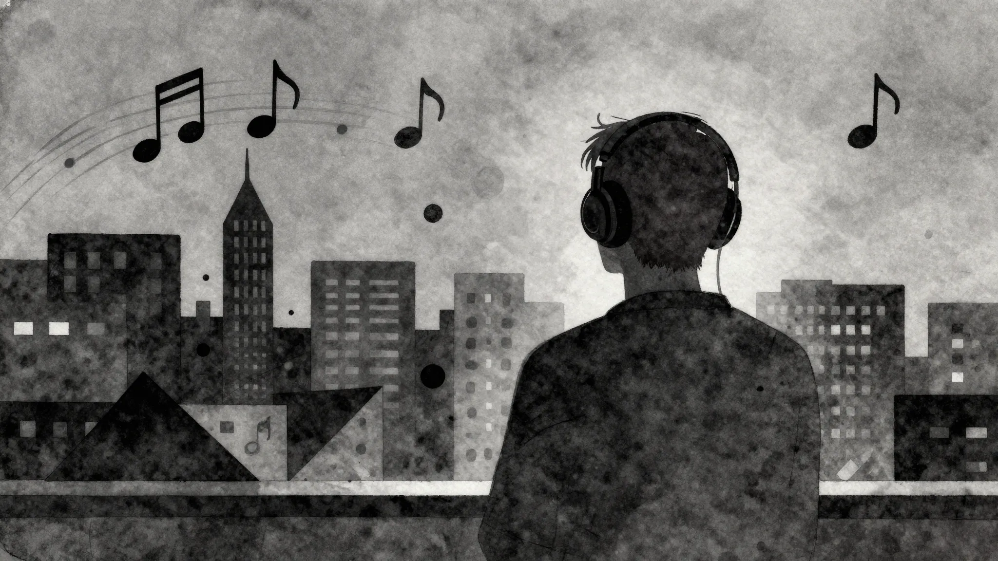 Watercolor style. A silhouette of a person wearing headphone...