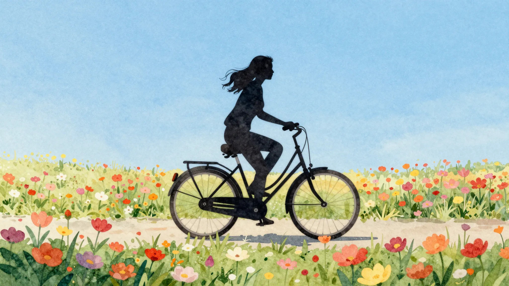Watercolor style. A silhouette of a woman riding a bicycle t...