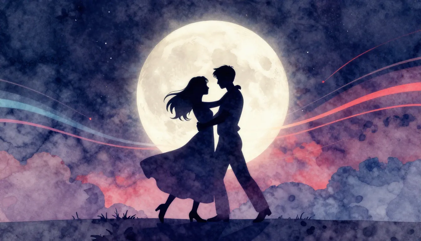 Watercolor style. A neon silhouette of a couple dancing unde...