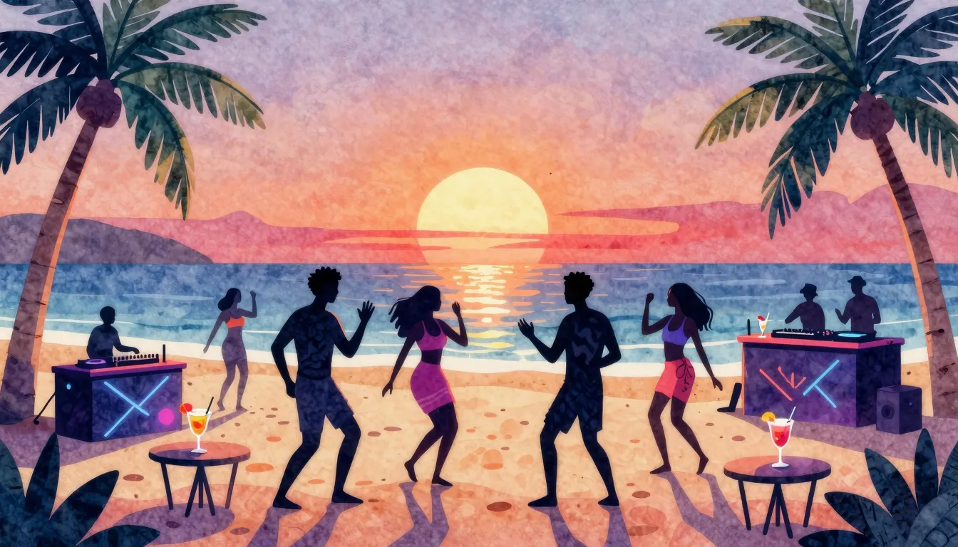 Watercolor style. A vibrant beach party at sunset, silhouett...