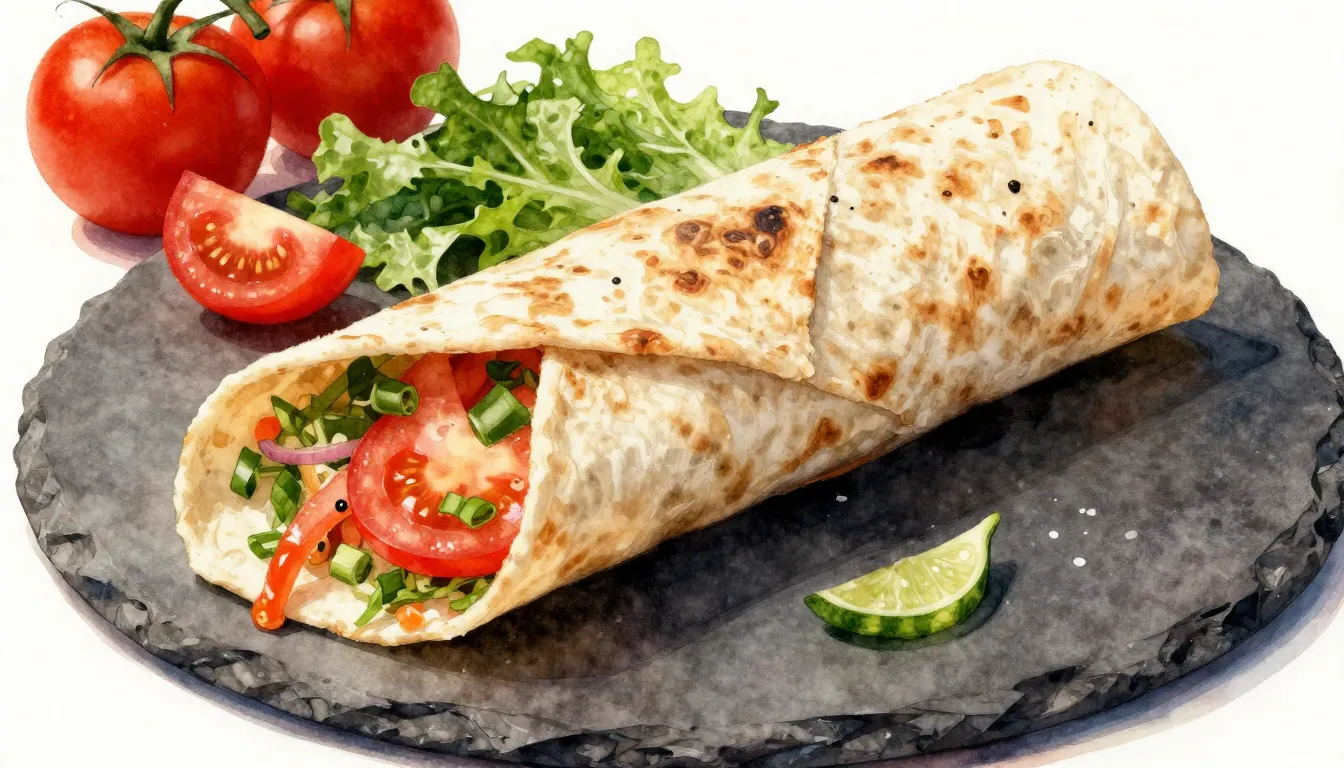 Watercolor style. Close-up of a crispy shawarma wrap on a da...