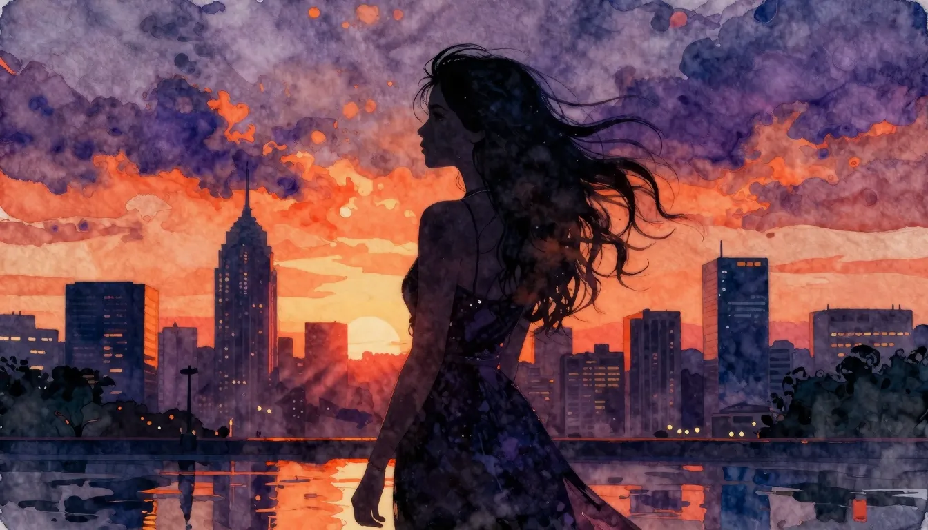 Watercolor style. A silhouette of a woman with flowing hair ...