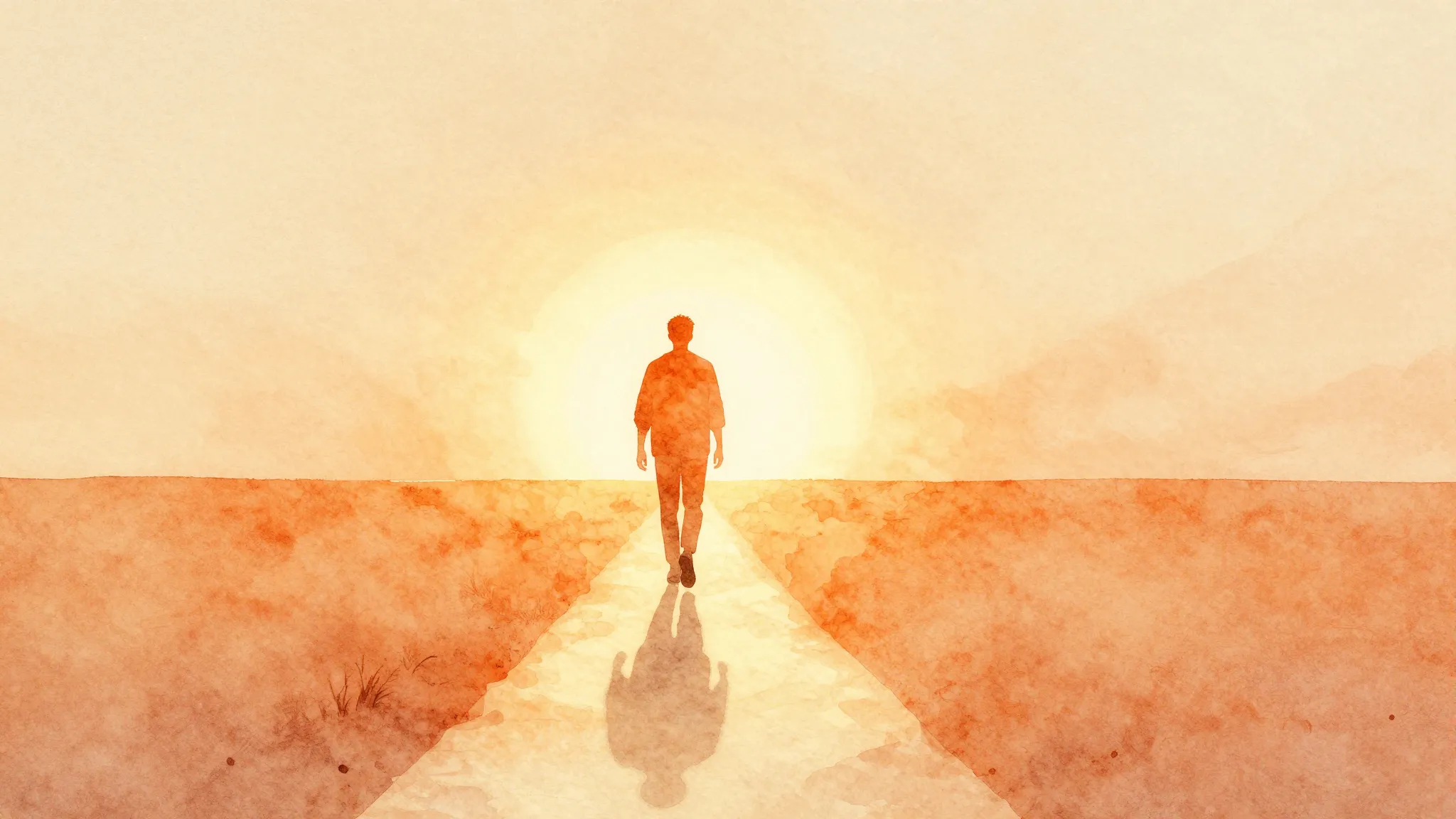 Watercolor style. Silhouette of a person walking on a glowin...