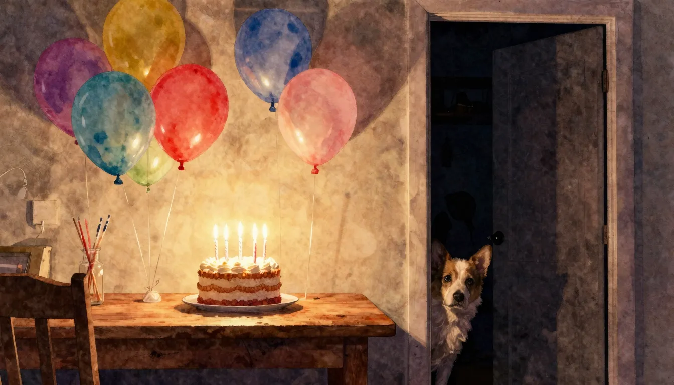 Watercolor style. A festive room with colorful balloons, a g...