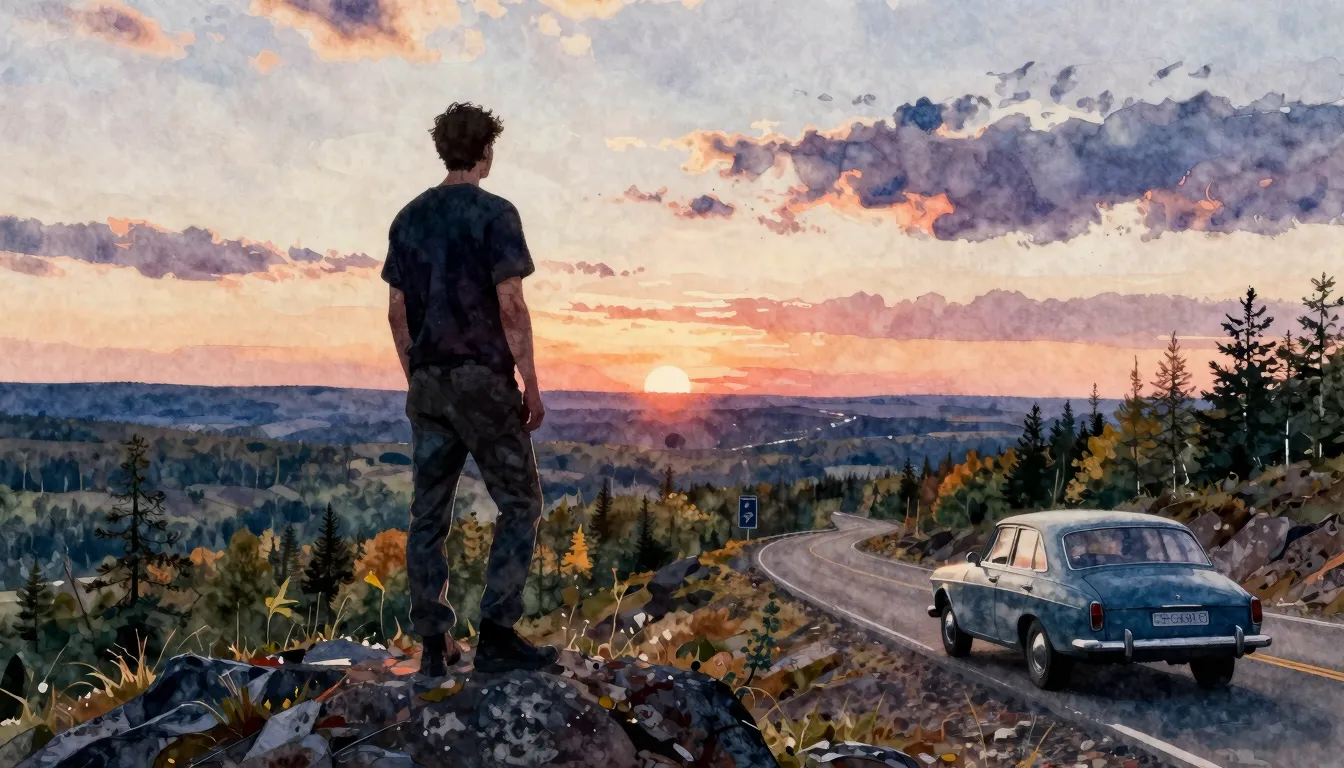 Watercolor style. A silhouette of a man standing on a hill o...
