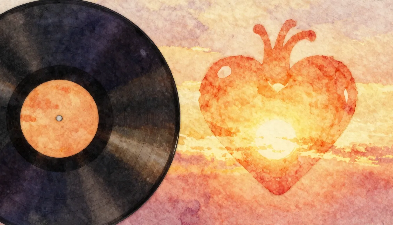 Watercolor style. A warm glowing heart silhouette against a ...