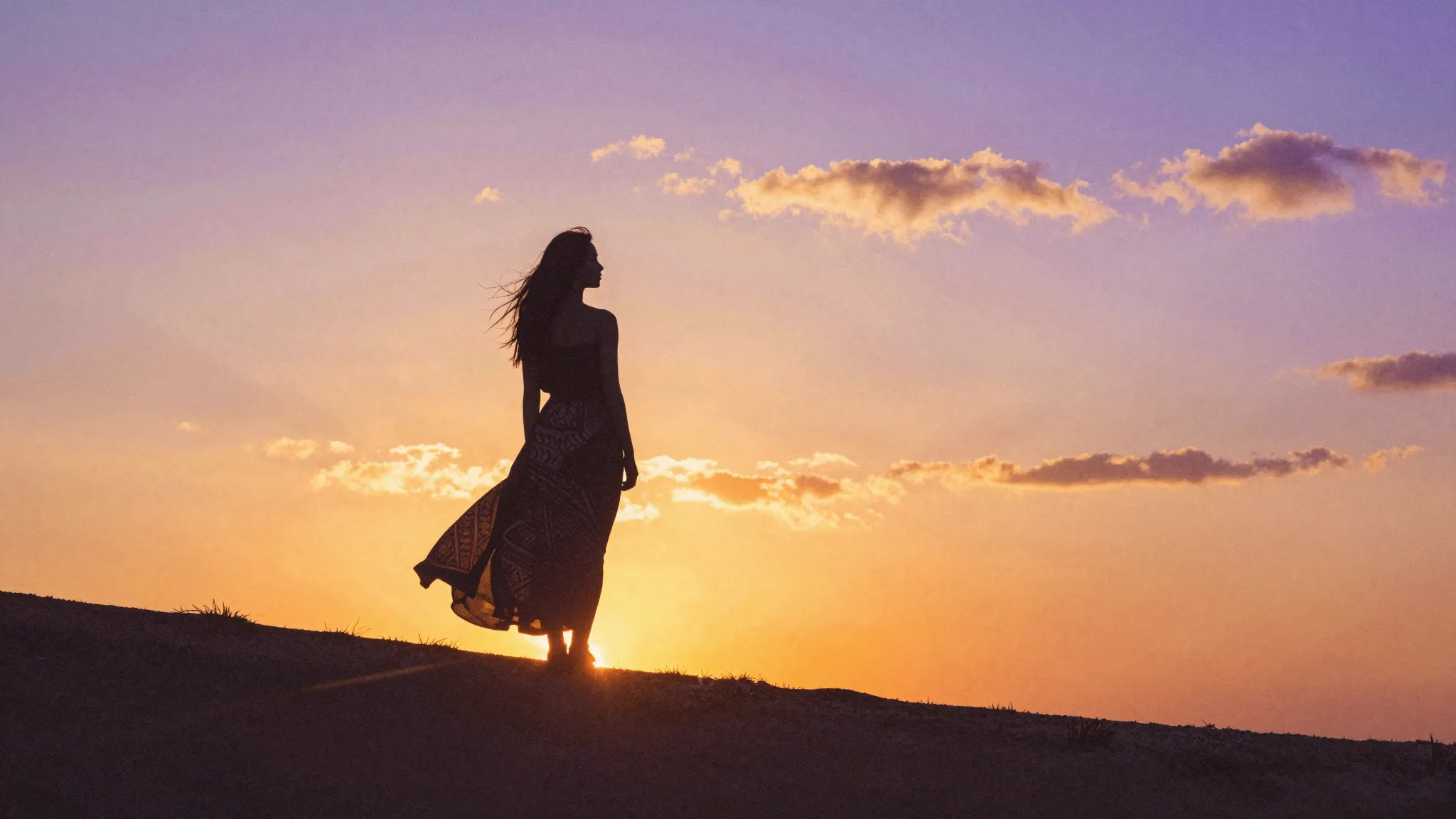 Watercolor style. A silhouette of a woman standing on a hill...