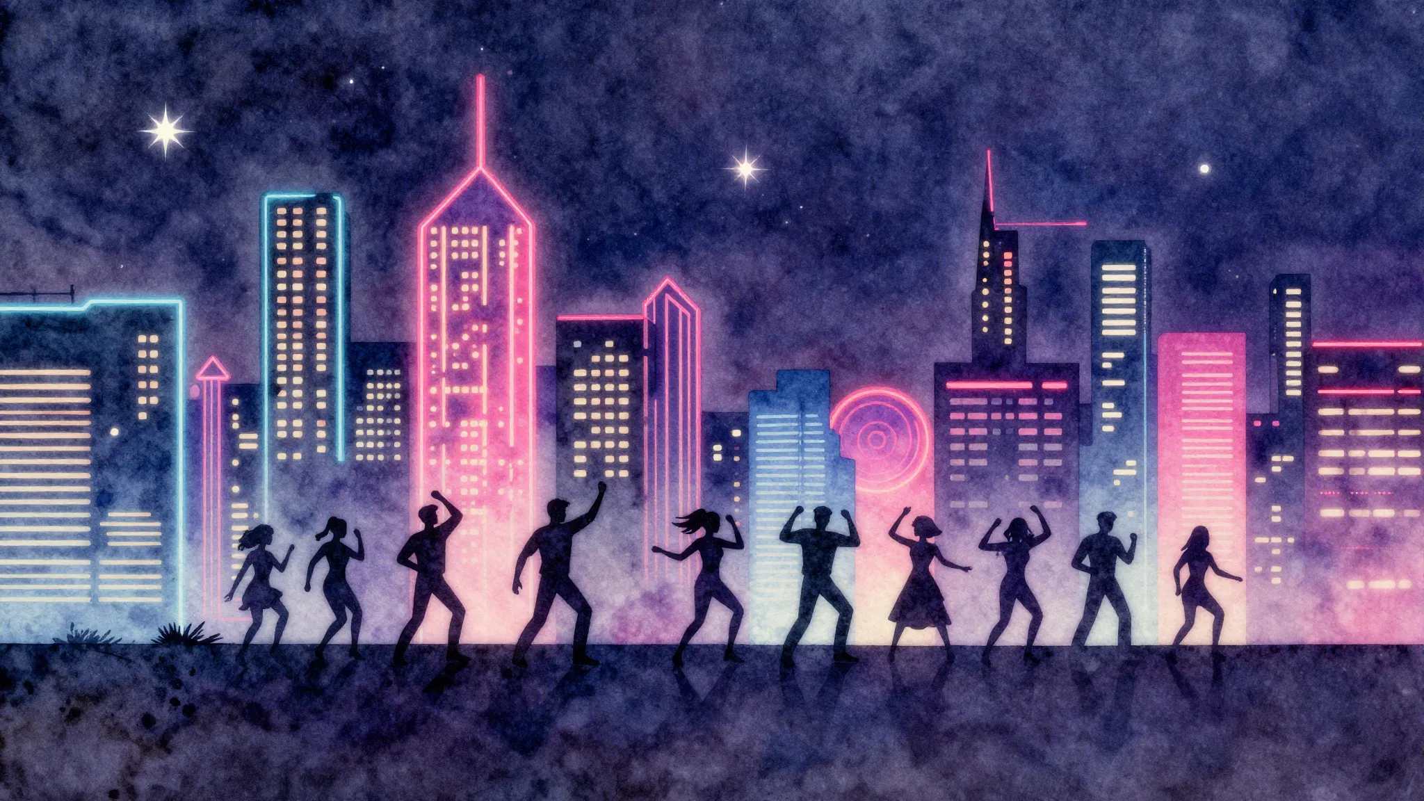 Watercolor style. Neon city skyline at night, glowing lights...