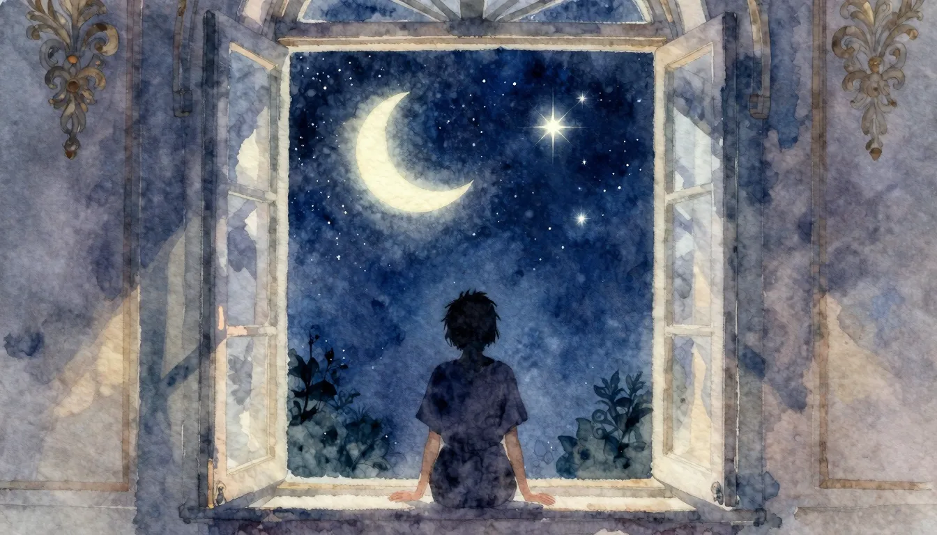 Watercolor style. A silhouette of a person looking out a win...