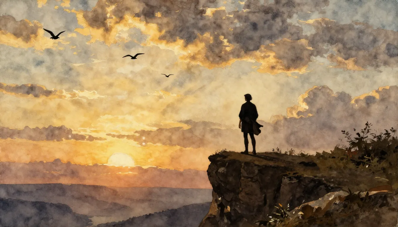 Watercolor style. A solitary silhouette of a man standing on...