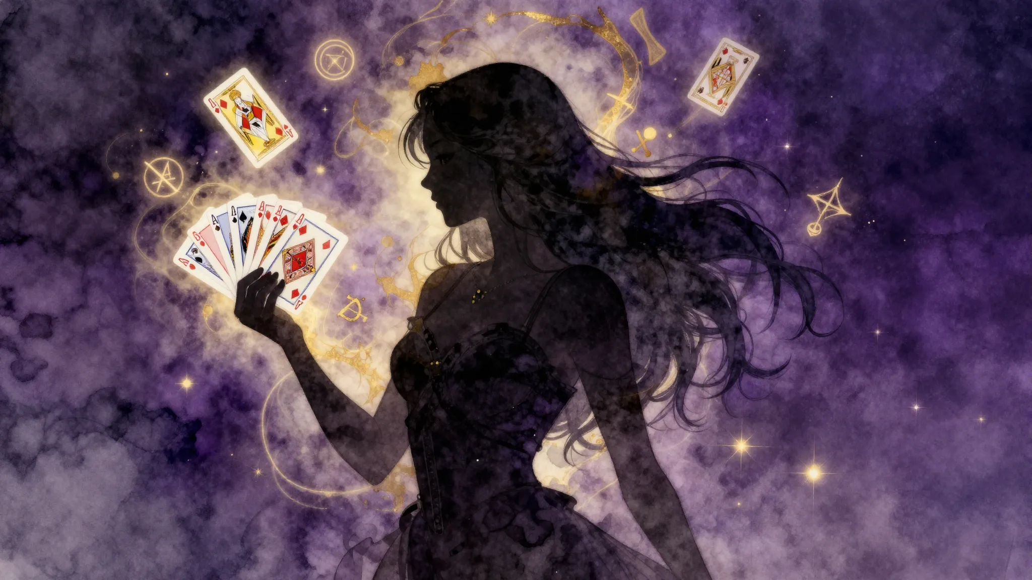 Watercolor style. A dark silhouette of a woman with long flo...