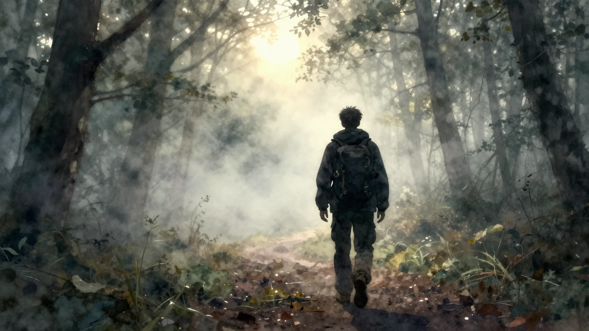 Watercolor style. A dark silhouette of a lonely traveler wal...