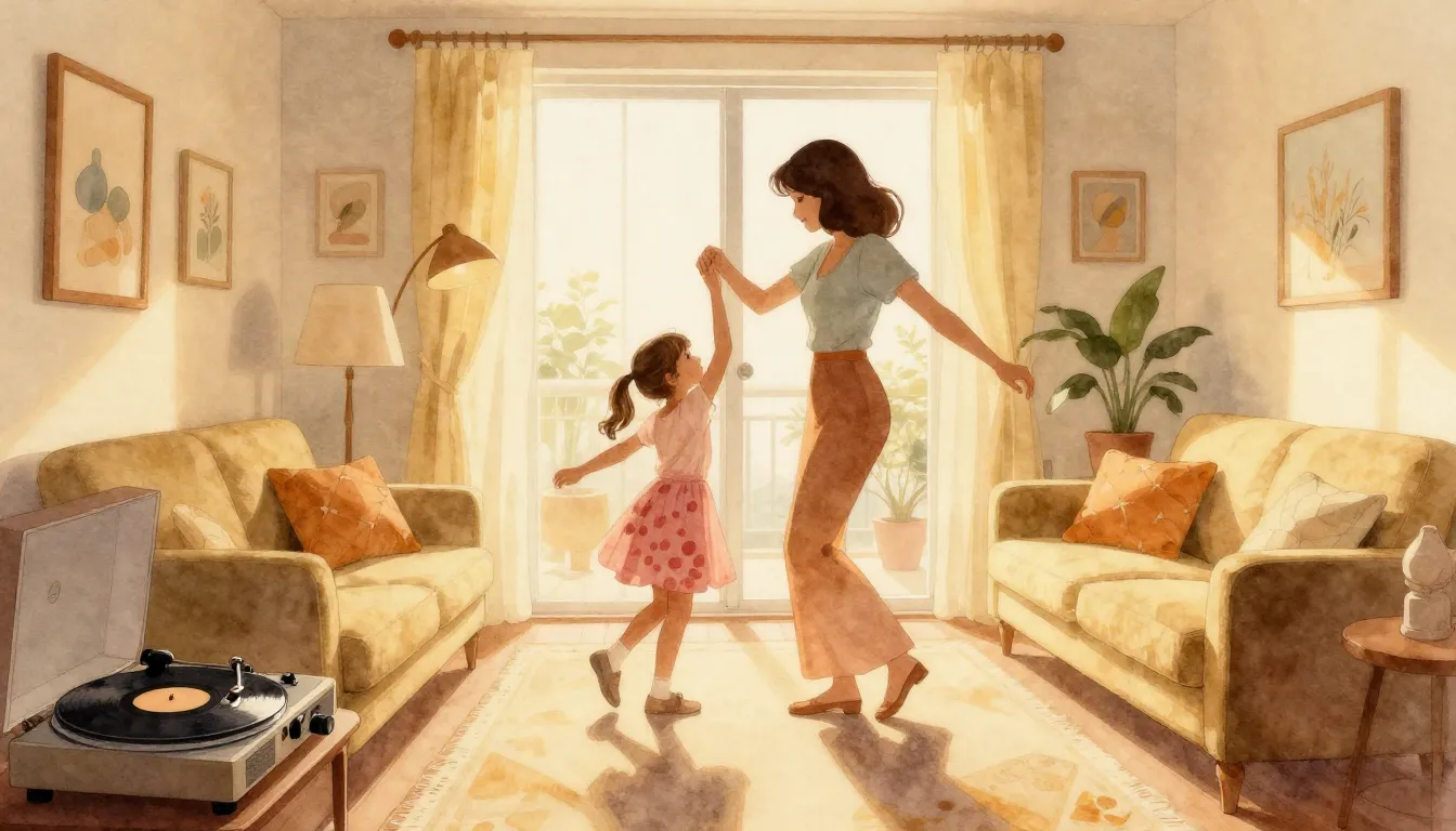 Watercolor style. Warm golden light filling a cozy living ro...