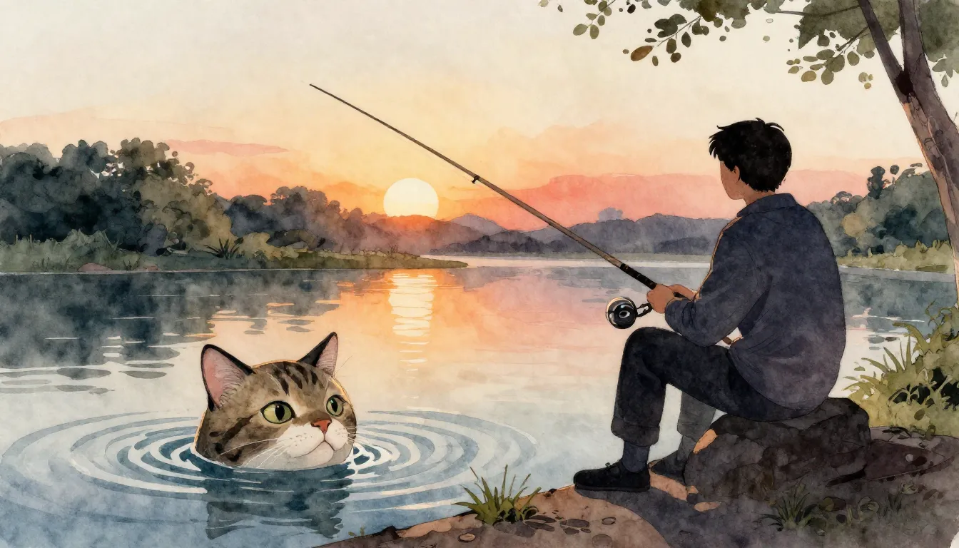 Watercolor style. A silhouette of a person sitting on a rive...