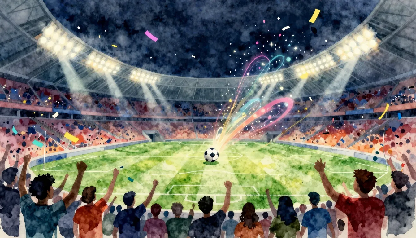 Watercolor style. A vibrant football stadium at night, fille...