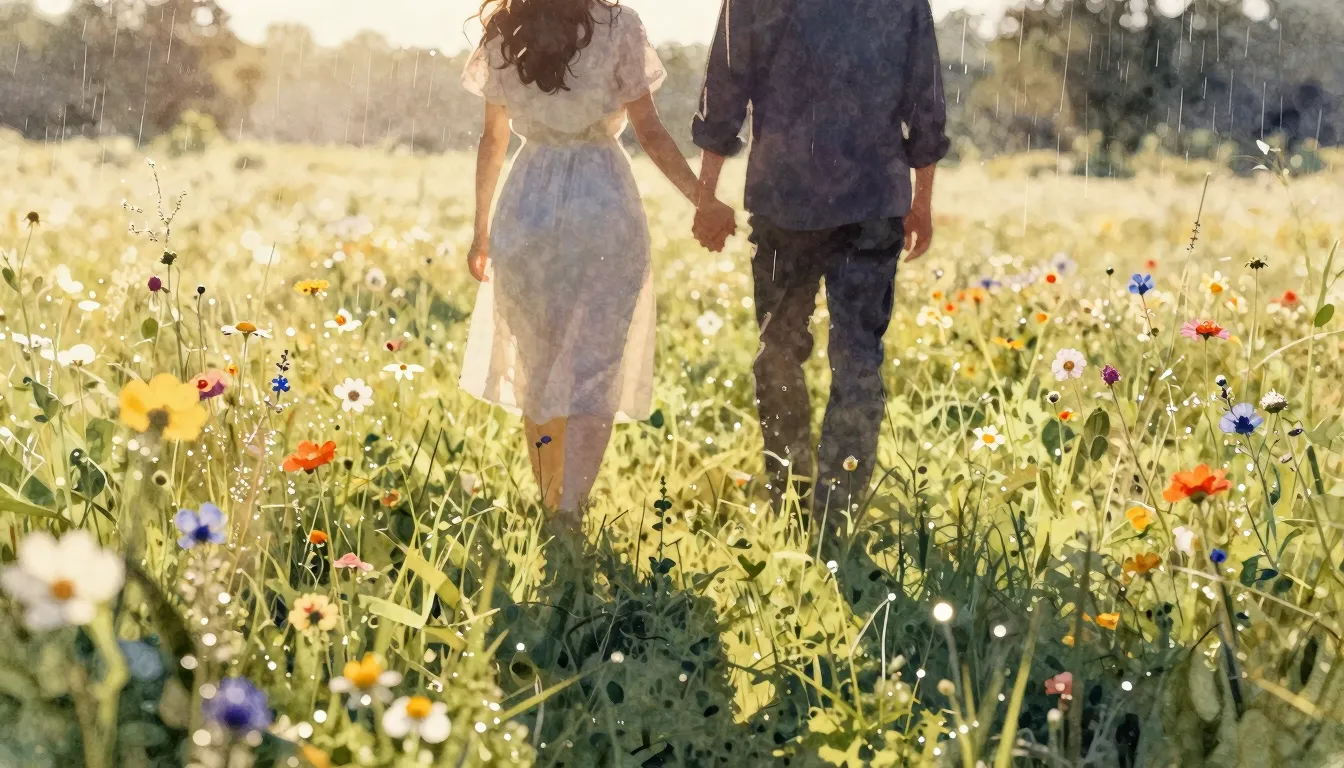 Watercolor style. A silhouette of a couple walking hand in h...