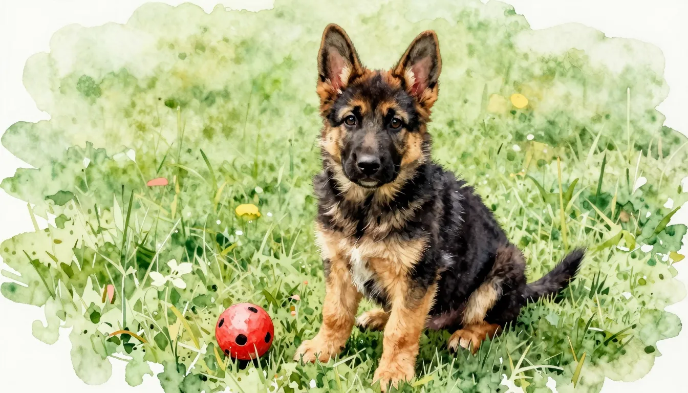 Watercolor style. A cute German Shepherd puppy with a classi...