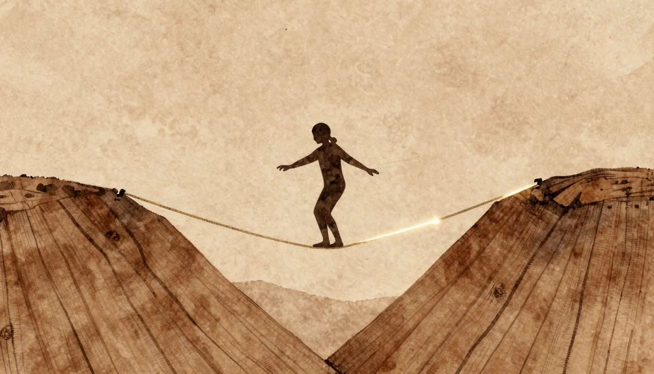 Watercolor style. A silhouette of a person balancing on a th...