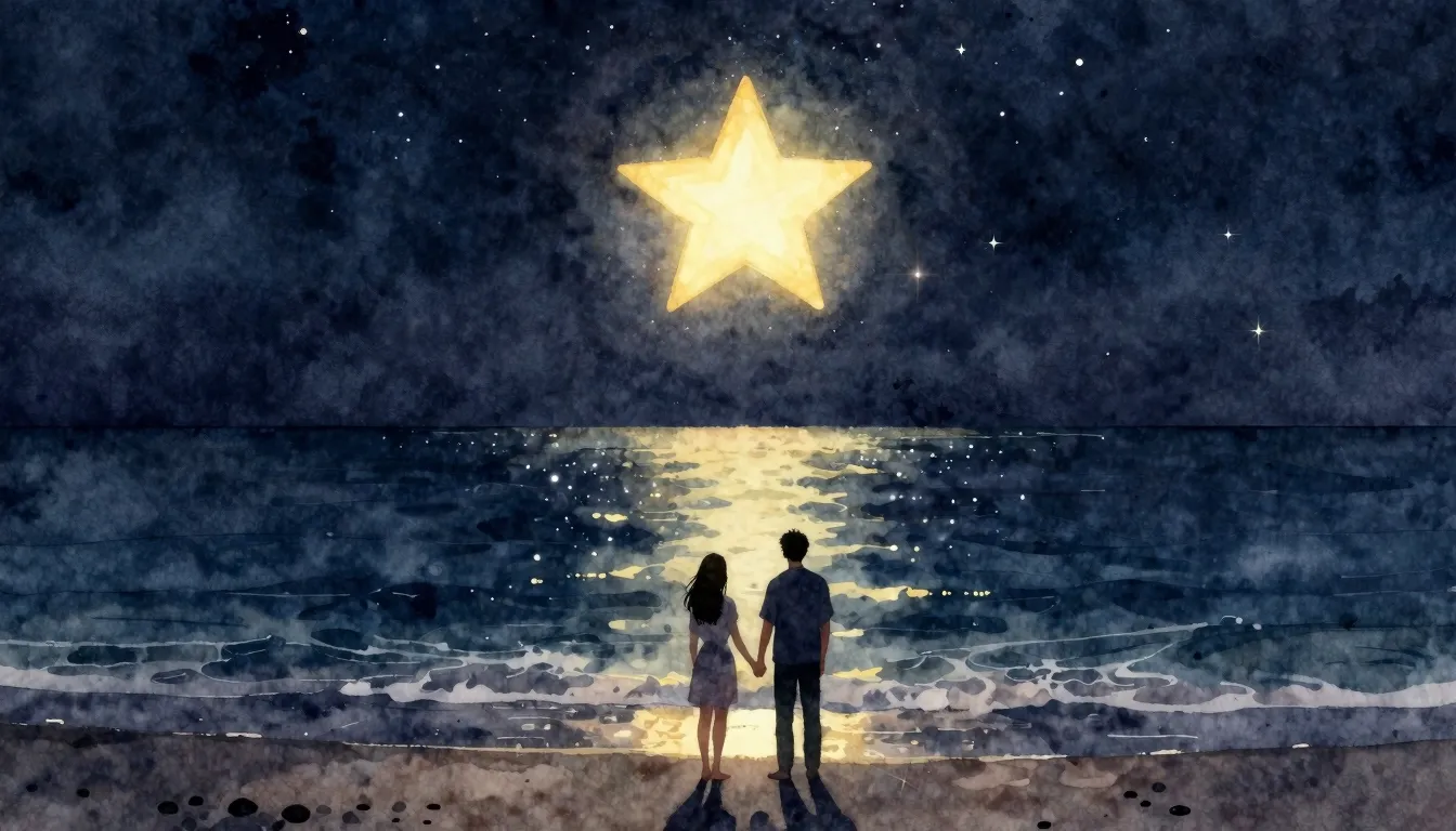 Watercolor style. A glowing star in the dark night sky over ...