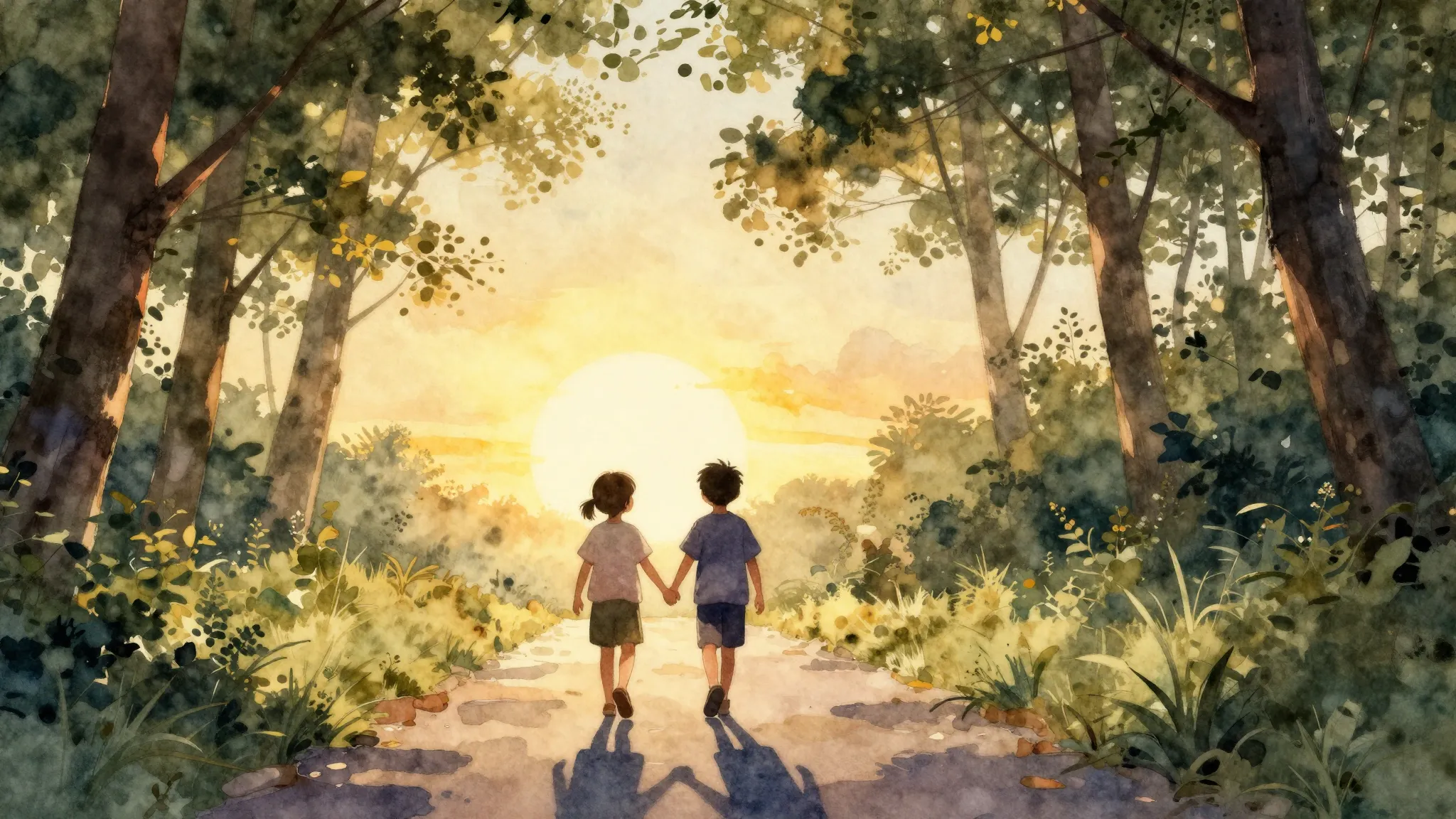 Watercolor style. Silhouettes of two children holding hands,...