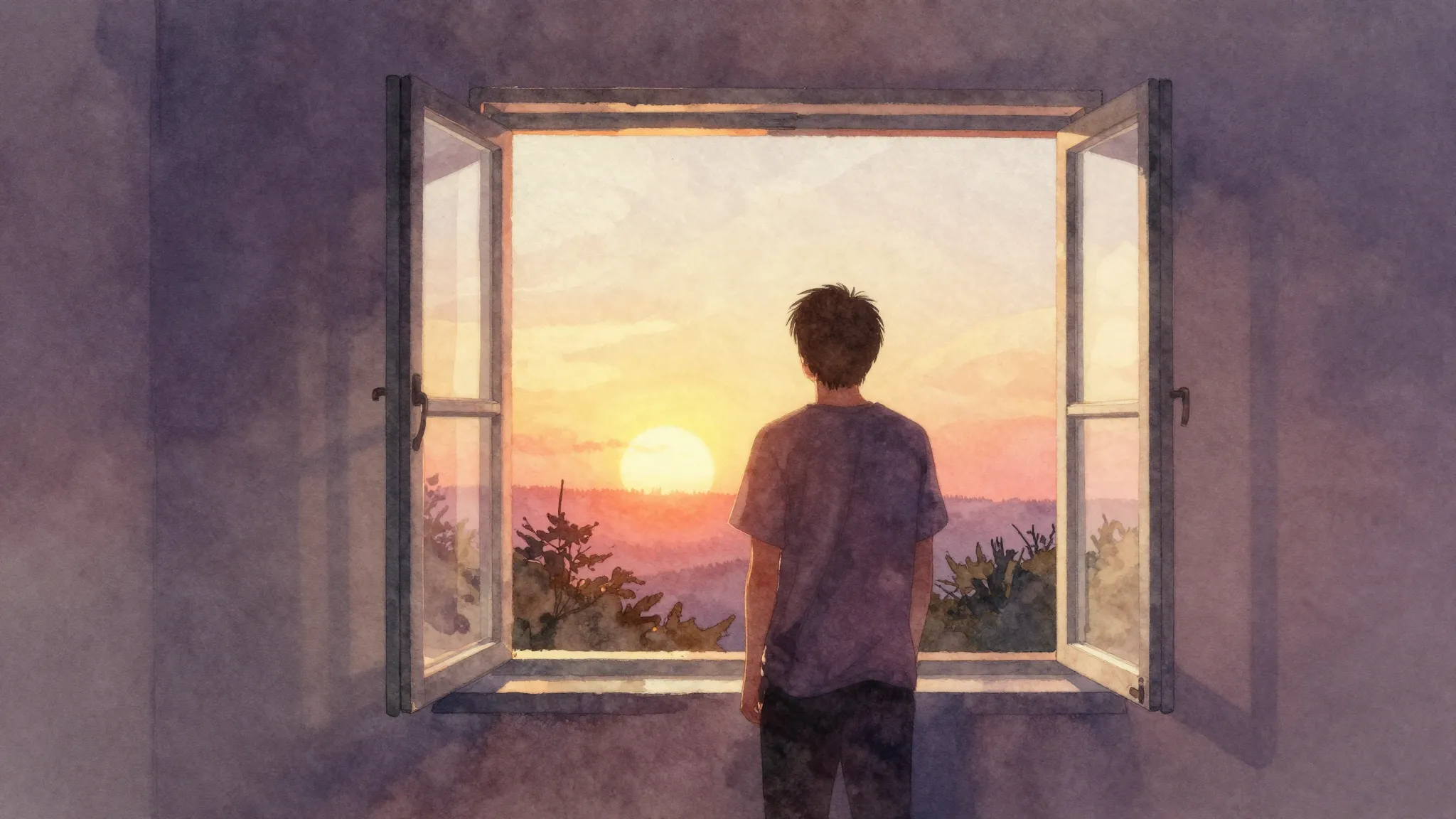 Vibrant watercolor style. Ballad album cover. A silhouette o...