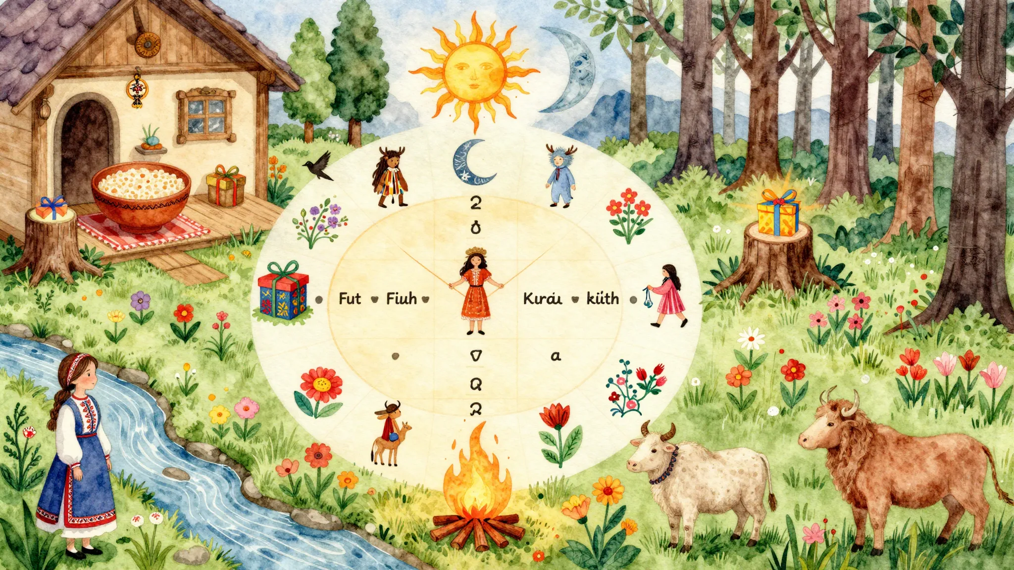 Vibrant watercolor style. Folk song album cover. Slavic paga...