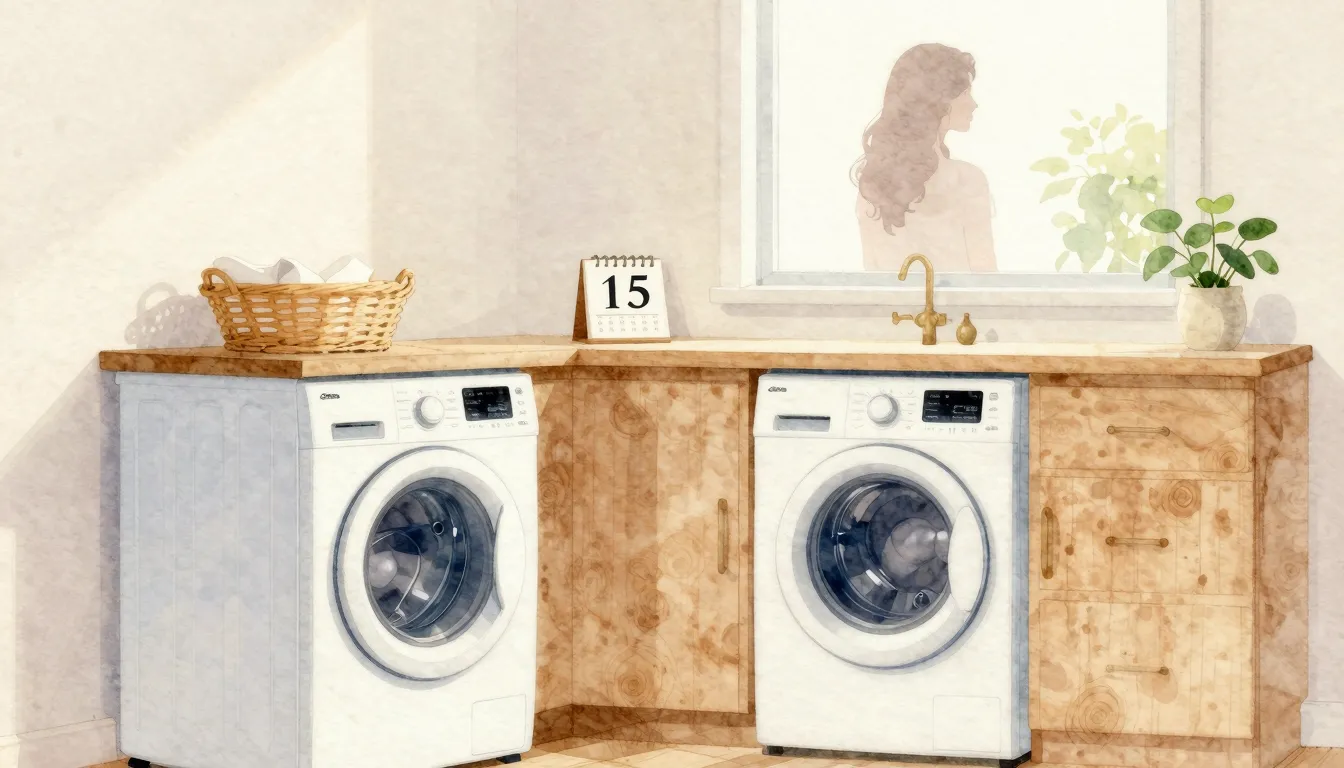 Vibrant watercolor style. A cozy, clean laundry room interio...