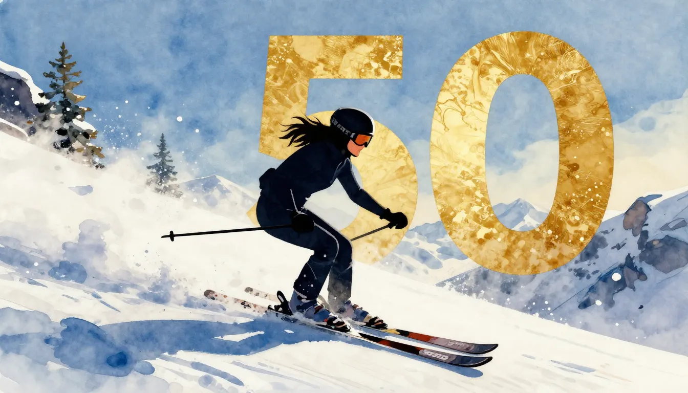 Watercolor style. A silhouette of a woman skiing down a snow...